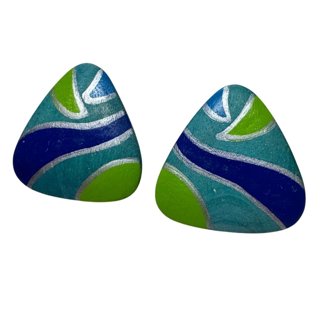 Vintage Blue Green Painted Wood Triangle Earrings Womens 1980s Funky Artsy